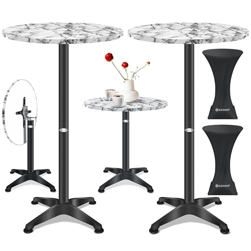KESSER® 2in1 Stehtisch klappbar Bistrotisch 2er Set | Aluminium Edelstahlplatte | höhenverstellbar 70cm / 115cm | Partytisch Tisch Ø 80cm | In- & Outdoor Empfangstisch | Klapptisch mit Cover Marmor von KESSER