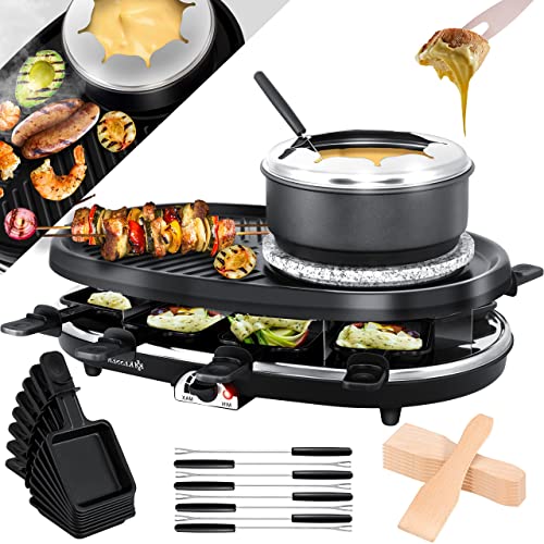 KESSER® 3in1 Raclette-Grill mit Naturgrillstein, Grillplatte und Fondue, Tischgrill für 8 Personen, Elektrogrill Raclette Grill antihaftbeschichteter Grillplatte, 8 Pfannen und Holzspatel von KESSER