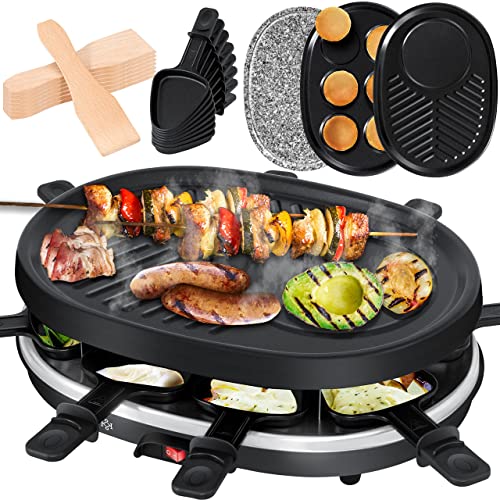 KESSER® 3in1 Raclette-Grill mit Naturgrillstein, Grillplatteund Pancake- Pfannkuchen Tischgrill für 8 Personen, Elektrogrill antihaftbeschichteter Grillplatte, 8 Pfannen und Holzspatel von KESSER