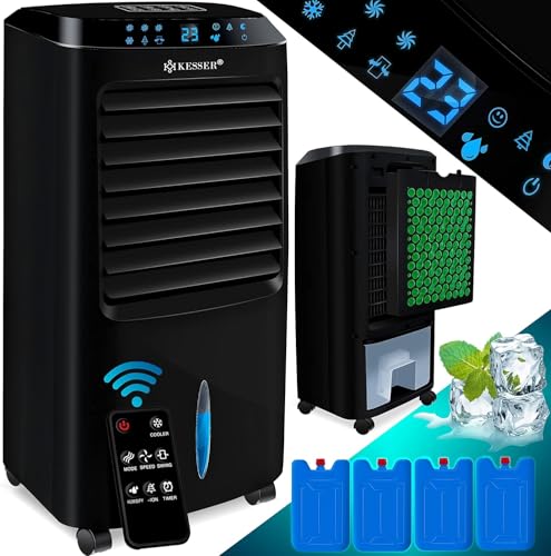 KESSER® 4in1 Mobile Klimaanlage | Fernbedienung | Klimagerät | Ventilator Klimaanlage | Timer | 3 Stufen | Ionisator Luftbefeuchter Luftkühler Standventilator |10L Tank, Inklusive Kühlakkus| Schwarz von KESSER