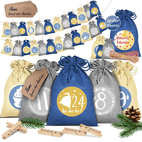 KESSER® Adventskalender zum Befüllen 24 Jutebeutel 14 x 10 cm Gedruckte Stoffbeutel Kinder Weihnachtskalender zum Selber Befüllen Inkl.. 24x Schildchen + 1 Großer Aufbewahrungsbeutel Stoff von KESSER