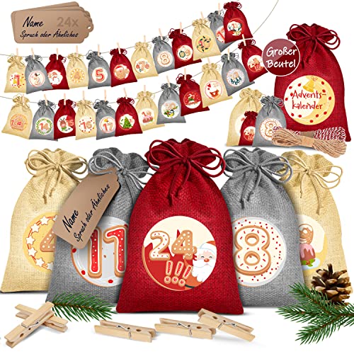 KESSER® Adventskalender zum Befüllen 24 Jutebeutel 16 x 12 cm Gedruckte Stoffbeutel Kinder Weihnachtskalender zum Selber Befüllen Inkl.. 24x Schildchen + 1 Großer Aufbewahrungsbeutel Stoff von KESSER