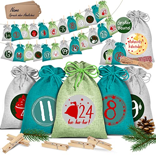 KESSER® Adventskalender zum Befüllen 24 Jutebeutel 16 x 12 cm Gedruckte Stoffbeutel Kinder Weihnachtskalender zum Selber Befüllen Inkl.. 24x Schildchen + 1 Großer Aufbewahrungsbeutel Stoff von KESSER