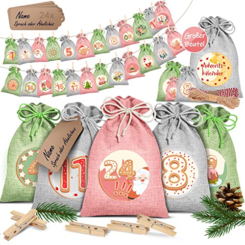 KESSER® Adventskalender zum Befüllen 24 Jutebeutel 20 x 12 cm Gedruckte Stoffbeutel Kinder Weihnachtskalender zum Selber Befüllen Inkl.. 24x Schildchen + 1 Großer Aufbewahrungsbeutel Stoff von KESSER