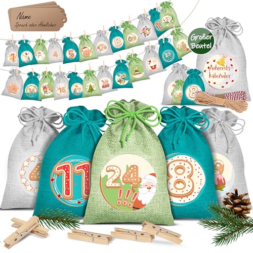 KESSER® Adventskalender zum Befüllen 24 Jutebeutel 20 x 12 cm Gedruckte Stoffbeutel Kinder Weihnachtskalender zum Selber Befüllen Inkl.. 24x Schildchen + 1 Großer Aufbewahrungsbeutel Stoff von KESSER