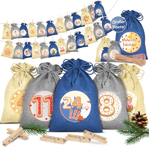 KESSER® Adventskalender zum Befüllen 24 Jutebeutel 20 x 12 cm Gedruckte Stoffbeutel Kinder Weihnachtskalender zum Selber Befüllen Inkl.. 24x Schildchen + 1 Großer Aufbewahrungsbeutel Stoff von KESSER