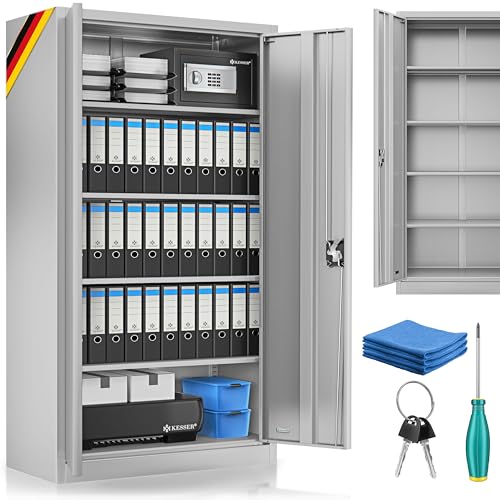 KESSER® Aktenschrank abschließbar mit Flügeltüren 180x60x40cm | Büroschrank aus Stahl mit 4 höhenverstellbaren Einlegeböden | Mehrzweckschrank 5 flexible Fächer, max. 40 kg pro Fach, inkl. 2 Schlüssel von KESSER