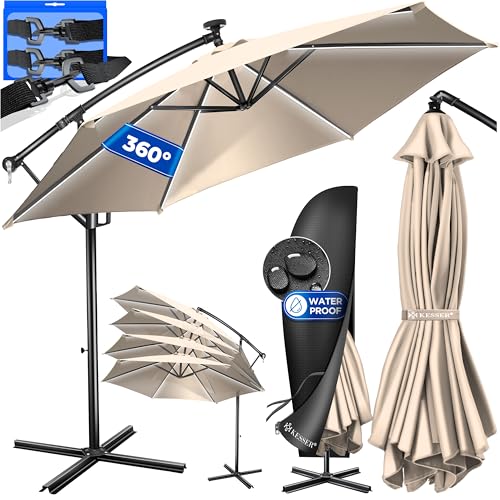 KESSER® Alu Ampelschirm LED Solar Ø300cm Inkl. Fernbedienung,Cover, Sicherheitsseile Kurbelvorrichtung Kurbelschirm mit Ständer 360° Funktion UV-Schutz Aluminium Wasserdicht Garten-Schirm Beige von KESSER