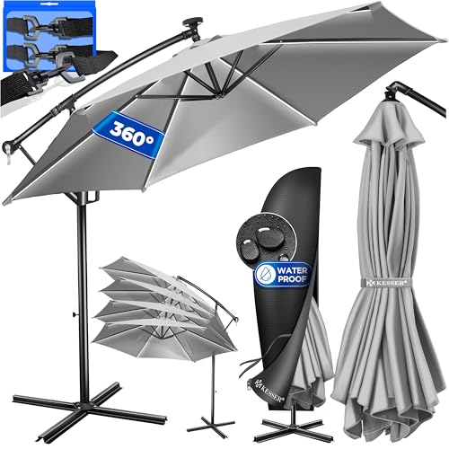 KESSER® Alu Ampelschirm LED Solar Ø300cm Inkl. Abdeckung Fernbedienung Kurbelvorrichtung Kurbelschirm mit Ständer 360° Funktion UV-Schutz Aluminium Wasserabweisend Garten-Schirm Marktschirm Hellgrau von KESSER