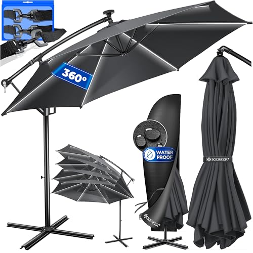 KESSER® Alu Ampelschirm LED Solar Ø300cm Inkl. Fernbedienung,Cover, Sicherheitsseile Kurbelvorrichtung Kurbelschirm mit Ständer 360° Funktion UV-Schutz Aluminium Wasserdicht Garten-Schirm Anthrazit von KESSER
