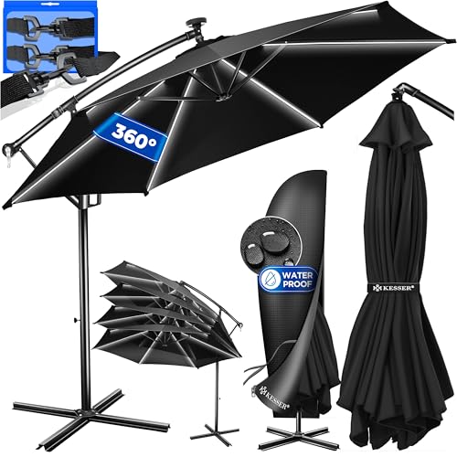 KESSER® Alu Ampelschirm LED Solar Ø300cm Inkl. Abdeckung Fernbedienung Kurbelvorrichtung Kurbelschirm mit Ständer 360° Funktion UV-Schutz Aluminium Wasserabweisend Garten-Schirm Marktschirm Schwarz von KESSER