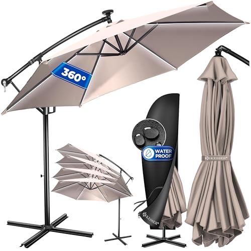 KESSER® Alu Ampelschirm LED Solar Ø300cm Inkl. Abdeckung Fernbedienung Kurbelvorrichtung Kurbelschirm mit Ständer 360° Funktion UV-Schutz Aluminium Wasserabweisend Garten-Schirm Marktschirm Taupe von KESSER
