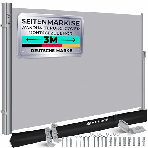 KESSER® Alu-Seitenmarkise Ausziehbar & Blickdicht 300 x 180 cm | Garten-Sichtschutz & Windschutz mit Aufrollautomatik für Balkon & Terrasse | Seitenrollo inkl. Regencover mit Wandhalterung Grau von KESSER