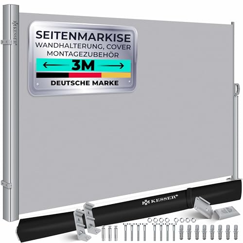 KESSER® Alu-Seitenmarkise Ausziehbar & Blickdicht 300 x 200 cm | Garten-Sichtschutz & Windschutz mit Aufrollautomatik für Balkon & Terrasse | Seitenrollo inkl. Regencover mit Wandhalterung Grau von KESSER