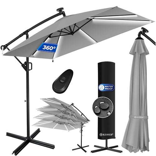 KESSER® Ampelschirm Holly Sonnenschirm Rechteckig LED Solar inkl. Abdeckung | Kurbel-Schirm mit Ständer UV-Schutz Aluminium Wasserabweisend Ø350cm Gartenschirm Hellgrau von KESSER