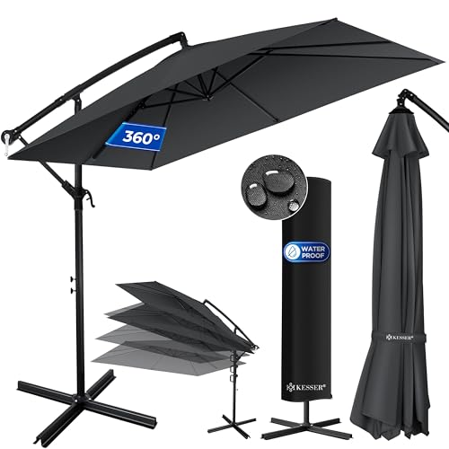 KESSER® Ampelschirm Holly Sonnenschirm Rechteckig inkl. Abdeckung mit Kurbel | Kurbel-Schirm mit Ständer UV-Schutz Aluminium Wasserabweisend Ø350cm Gartenschirm Marktschirm Anthrazit von KESSER