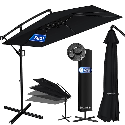 KESSER® Ampelschirm Holly Sonnenschirm Rechteckig inkl. Abdeckung mit Kurbel | Kurbel-Schirm mit Ständer UV-Schutz Aluminium Wasserabweisend Ø350cm Gartenschirm Marktschirm Schwarz von KESSER