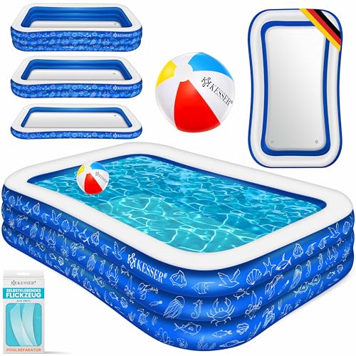 KESSER® Aufblasbarer Pool Familienpool für Kinder und Erwachsene Gartenschwimmbad Familienschwimmbad Sommer 305x183x56 cm Planschbecken 1180 Liter Füllmenge Kinderfreundlich Inkl. Flickzeug & Ball von KESSER