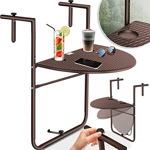 KESSER® Balkonhängetisch klappbar Balkontisch zum Einhängen Balkon Hängetisch 3-Fach höhenverstellbarer Klapptisch Balkongeländer wetterfest mit 2X Getränkeplätze Tischplatte BxT: 62 x 60 cm, Braun von KESSER