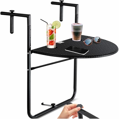 KESSER® Balkonhängetisch klappbar Balkontisch zum Einhängen Balkon Hängetisch 3-Fach höhenverstellbarer Klapptisch Balkongeländer wetterfest mit 2X Getränkeplätze Tischplatte BxT: 62 x 60 cm Schwarz von KESSER