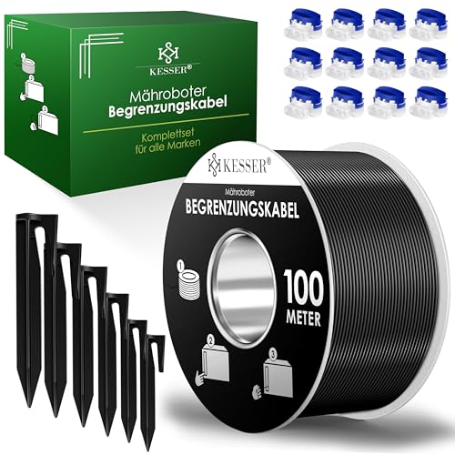 KESSER® Begrenzungskabel 100m + 350 Erdspieße + 12 Kabelverbinder für Mähroboter Rasenmäher Rasenroboter Zubehör Set Begrenzungsdraht Universal kompatibel mit Gardena/Bosch/Worx/Einhell/Honda/ROBOMOW von KESSER