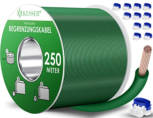 KESSER® Begrenzungskabel 250m + 12 Kabelverbinder für Mähroboter Rasenmäher Rasenroboter Zubehör Set Begrenzungsdraht Universal für Suchkabel kompatibel mit Gardena/Bosch/Worx/Einhell/Honda/ROBOMOW von KESSER