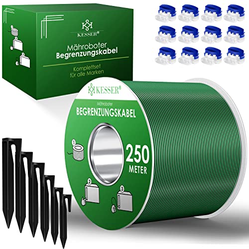 KESSER® Begrenzungskabel 250m + 800 Erdspieße + 12 Kabelverbinder für Mähroboter Rasenmäher Rasenroboter Zubehör Set Begrenzungsdraht Universal kompatibel mit Gardena/Bosch/Worx/Einhell/Honda/ROBOMOW von KESSER