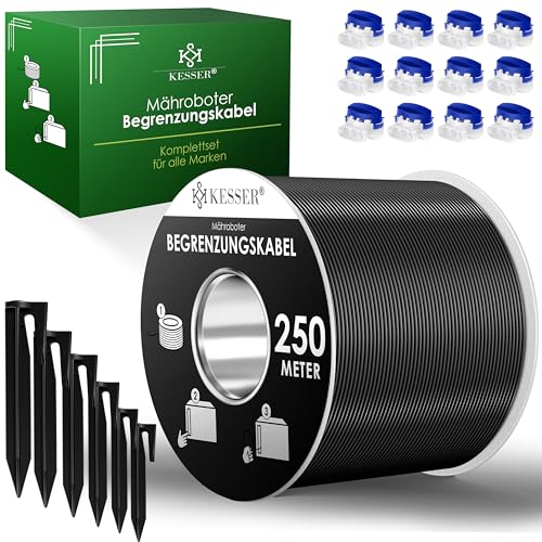 KESSER® Begrenzungskabel 250m + 800 Erdspieße + 12 Kabelverbinder für Mähroboter Rasenmäher Rasenroboter Zubehör Set Begrenzungsdraht Universal kompatibel mit Gardena/Bosch/Worx/Einhell/Honda/ROBOMOW von KESSER