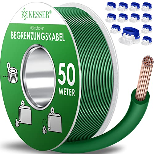 KESSER® Begrenzungskabel 50m + 12 Kabelverbinder für Mähroboter Rasenmäher Rasenroboter Zubehör Set Begrenzungsdraht Universal für Suchkabel kompatibel mit Gardena/Bosch/Worx/Einhell/Honda/ROBOMOW von KESSER