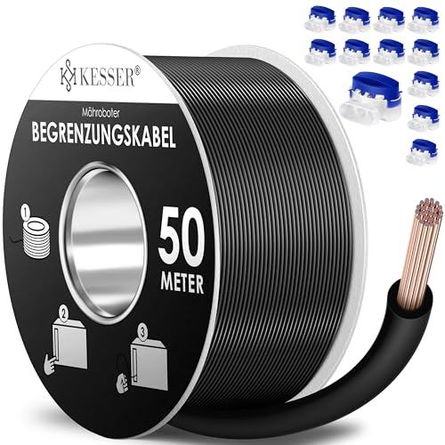 KESSER® Begrenzungskabel 50m + 12 Kabelverbinder für Mähroboter Rasenmäher Rasenroboter Zubehör Set Begrenzungsdraht Universal für Suchkabel kompatibel mit Gardena/Bosch/Worx/Einhell/Honda/ROBOMOW von KESSER