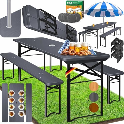 KESSER® Bierzeltgarnitur 3 teilig Gartenmöbel-Set | Klappbar 170 x 46 x 75cm | 2X Bierbänke 1x Biertisch | Festzeltgarnitur Biertisch Stehtisch Sitzgarnitur Holz 12x Bodenschoner & 6x Filz-Untersetzer von KESSER