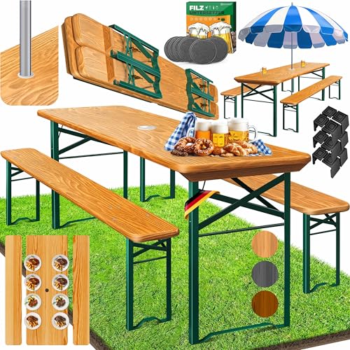 KESSER® Bierzeltgarnitur 3 teilig Gartenmöbel-Set | Klappbar 170 x 46 x 75cm | 2X Bierbänke 1x Biertisch | Festzeltgarnitur Biertisch Stehtisch Sitzgarnitur Holz 12x Bodenschoner von KESSER