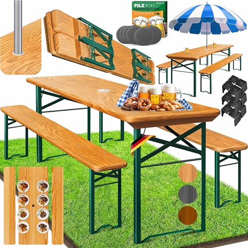 KESSER® Bierzeltgarnitur 3 teilig Gartenmöbel-Set | Klappbar 170 x 46 x 75cm | 2X Bierbänke 1x Biertisch | Festzeltgarnitur Biertisch Stehtisch Sitzgarnitur Holz 12-teiliges Bodenschoner-Set von KESSER