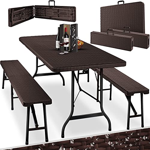 KESSER® Bierzeltgarnitur - 3-teilig Set, Tisch + 2 x Bank, für drinnen - draußen, klappbar, Tragegriffe, HxBxT: 73x180x75 cm, Kunststoff, Rattan-Look Gartengarnitur, Klapptisch, Gartentisch, Braun von KESSER