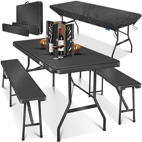 KESSER® Bierzeltgarnitur 3-teilig Set Tisch & 2X Bank | Buffettisch für drinnen & draußen Gartengarnitur klappbar 183x76x74cm Kunststoff Klapptisch Gartentisch Inkl Abdeckung & Tragegriffe von KESSER