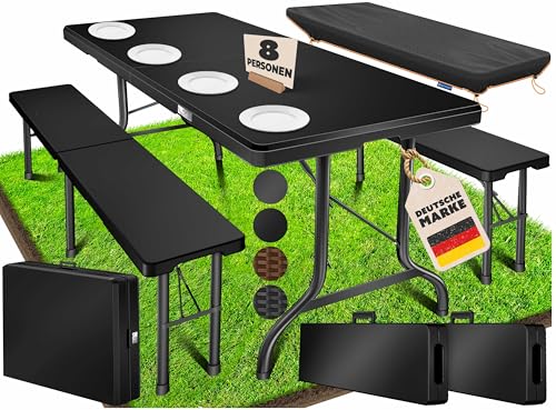 KESSER® Bierzeltgarnitur 3-teilig Set Tisch & 2x Bank | Buffettisch für drinnen & draußen Gartengarnitur klappbar 183x76x74cm Kunststoff Klapptisch Rattan-Look Gartentisch Inkl Abdeckung & Tragegriffe von KESSER
