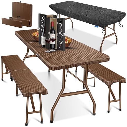KESSER® Bierzeltgarnitur 3-teilig Set Tisch & 2x Bank | Buffettisch für drinnen & draußen Gartengarnitur klappbar 183x76x74cm Kunststoff Klapptisch Rattan-Look Gartentisch Inkl Abdeckung & Tragegriffe von KESSER