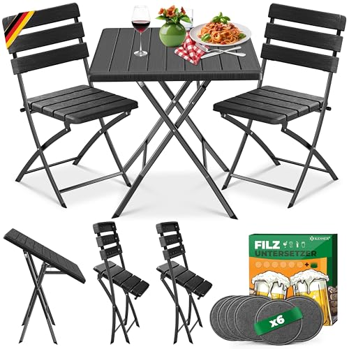 KESSER® Bistroset 3-teilig Balkontisch mit 2 Stühlen | Balkonmöbel Wetterfest & UV-beständig Balkonset klappbare Sitzgruppe | Beschichtetes Stahl & Holz-Optik | Gartenmöbelset mit 6 Filz-Untersetzer von KESSER