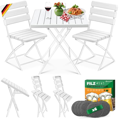 KESSER® Bistroset 3-teilig Balkontisch mit 2 Stühlen | Balkonmöbel Wetterfest & UV-beständig Balkonset klappbare Sitzgruppe | Beschichtetes Stahl & Holz-Optik | Gartenmöbelset mit 6 Filz-Untersetzer von KESSER