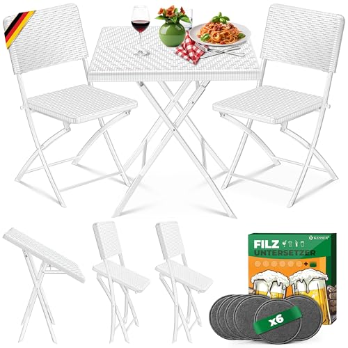 KESSER® Bistroset 3-teilig Balkontisch mit 2 Stühlen | Balkonmöbel Wetterfest & UV-beständig Balkonset klappbare Sitzgruppe | Beschichtetes Stahl & Rattan-Optik | Gartenmöbelset mit 6 Filz-Untersetzer von KESSER