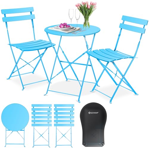 KESSER® Bistroset 3-teilig | Bistrotisch 2 klappbare Stühle Balkonset Balkonmöbel Klapp-Möbel Gartenset Sitzgarnitur Gartengarnitur Gartenmöbel Sitzgruppe Metall | Gartentisch mit Abdeckung Hellblau von KESSER