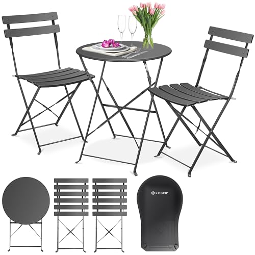 KESSER® Bistroset 3-teilig | Bistrotisch 2 klappbare Stühle Balkonset Balkonmöbel Klapp-Möbel Gartenset Sitzgarnitur Gartengarnitur Gartenmöbel Sitzgruppe Metall | Gartentisch mit Abdeckung Anthrazit von KESSER