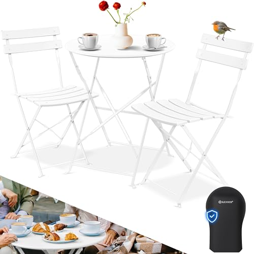 KESSER® Bistroset 3-teilig | Bistrotisch 2 klappbare Stühle Balkonset Balkonmöbel Klapp-Möbel Gartenset Sitzgarnitur Gartengarnitur Gartenmöbel Sitzgruppe Metall | Gartentisch mit Abdeckung Weiß von KESSER