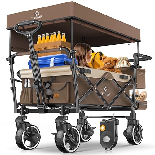 KESSER® Bollerwagen Faltbar GTS-9100 mit Dach Handwagen Transportwagen klappbar inkl. 2X 3-Punkt Gurtsystem 360° Vollgummi-Reifen & Innenraumverlängerung Vorder- & Hinter-Bremse + Cover & Schloss von KESSER