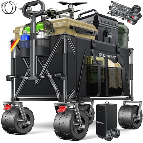 KESSER® Bollerwagen GTR9000 Handwagen 200kg | 300L Stauraum Transportwagen faltbar breite 360° Luft-Räder & Feststell-Bremsen Wetterbeständig Strandwagen inkl Abdeckung, Seitentasche & Getränkehalter von KESSER