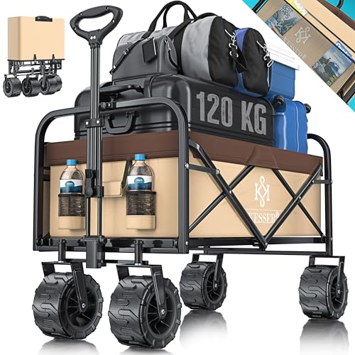 KESSER® Bollerwagen faltbar mit Breite Reifen Handwagen Transportkarre Gerätewagen | inkl. 2 Netztaschen & Seitentasche | klappbar | Vollgummi-Reifen | Transportwagen Gartenanhänger Beige von KESSER