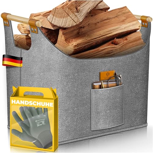 KESSER® Brennholzkorb 90 Liter | Kaminholztasche extra dicker Filz | Feuerholzkorb faltbar mit verstärkten Holzgriffen | Aufbewahrungskorb für Holz, Zeitung oder Brennholz | Inkl. Arbeitshandschuhen von KESSER