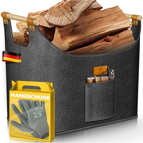 KESSER® Brennholzkorb 60 Liter | Kaminholztasche extra dicker Filz | Feuerholzkorb faltbar mit verstärkten Holzgriffen | Aufbewahrungskorb für Holz, Zeitung oder Brennholz | Inkl. Arbeitshandschuhen von KESSER