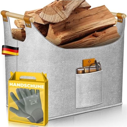 KESSER® Brennholzkorb 60 Liter | Kaminholztasche extra dicker Filz | Feuerholzkorb faltbar mit verstärkten Holzgriffen | Aufbewahrungskorb für Holz, Zeitung oder Brennholz | Inkl. Arbeitshandschuhen von KESSER