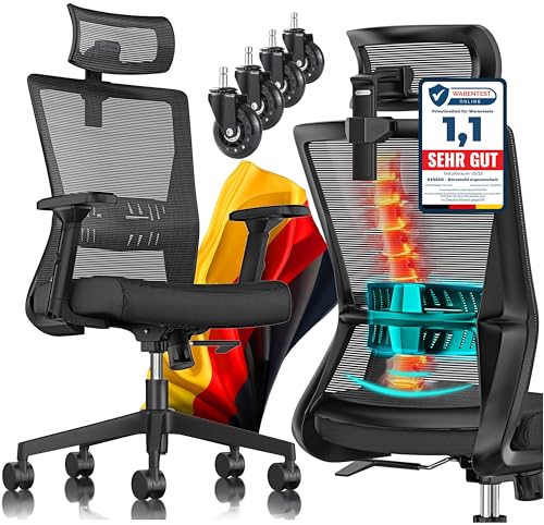 KESSER® Bürostuhl Ergonomisch mit verstellbaren Armlehnen | Drehstuhl mit Lendenwirbelstütze Rückenschonend | Schreibtischstuhl mit Kopfstütze | Office Chair Wippfunktion bis 125° mit 5X Gummirollen von KESSER